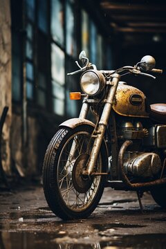 A fictional motorcycle parked in a garage, AI