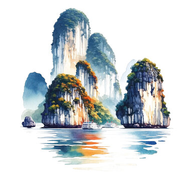 Misty Peaks: Watercolor Serenity of Ha Long Bay