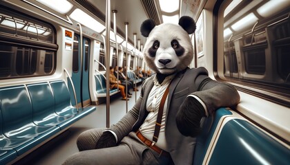 An Anthropomorphic Panda in a Suit Travelling in the Subway