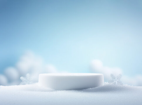 Frozen snow podium product display background, winter night landscape with pedestal. Empty space for product showcase