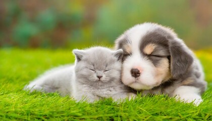 Puppy and kitten sleeping cuddling on the grass - obrazy, fototapety, plakaty