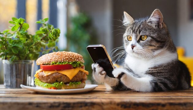Cat taking a picture of a hamburger with a smartphone