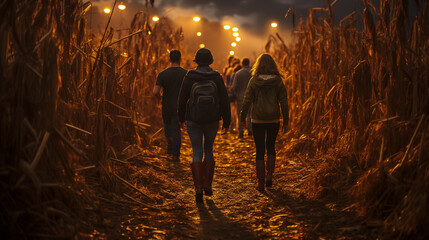 Friends walking in cornfield at night.