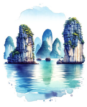 Misty Peaks: Watercolor Serenity of Ha Long Bay