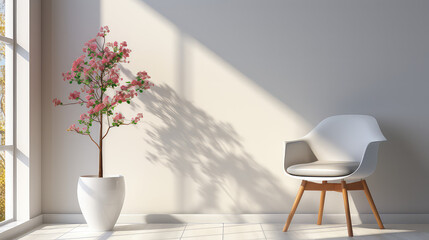 white chair and vase against window near white wall, interior modern design