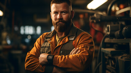 A mechanic in a vintage car repair shop, warm afternoon sunlight streaming through the windows, dressed in greasy overalls