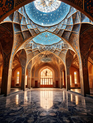 A Large Ornate Room With A Large Ceiling And A Large Window - Inside of the mosque dome Esfahan Iran