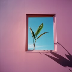Banana tree growing through the window with pink wall and blue sky