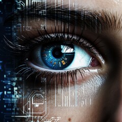 future man with cyber technology eye panel snyth wave