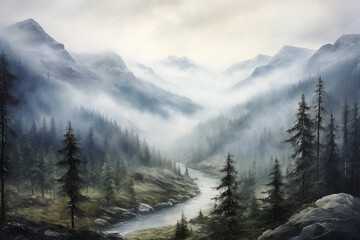 A misty morning in the mountains, oil painting