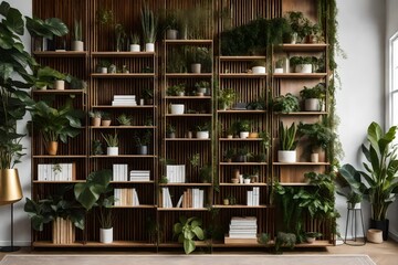 A contemporary-style bookshelf adorned with plants that serves as a modern decorative element for virtual office backdrops, studio backgrounds, or can be printed in a large format to enhance a back - obrazy, fototapety, plakaty