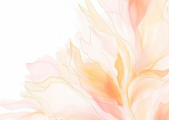 Fototapeta na wymiar . Abstract Coral color flower and botanical leaves background. VIP Invitation and celebration card.