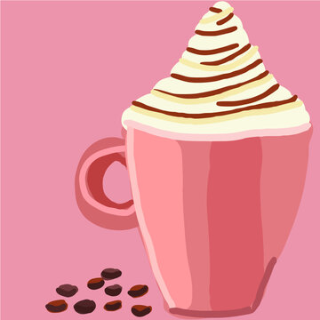 hot drink with whipped cream in pink tone, line art doodle