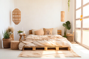 A cozy bedroom interior design in beige tones with natural warm lighting, a low wooden pallet eco bed, rattan pendant lamps, a large floor-to-ceiling window, indoor plants and bohemian style decor.