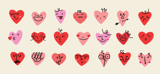 Groovy hippie love sticker set. Heart funny cartoon character different pose. Happy valentine's day concept. Trendy retro 60s 70s style emoji. Y2K aesthetic. Vector illustration.