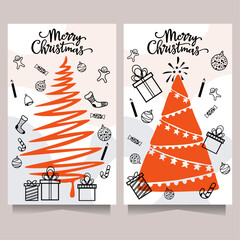 Set of cards for Christmas. Postcards in hand-drawn style. Christmas trees, gifts, New Year decorations, Merry Christmas. Vector