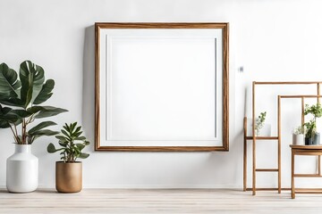 Fototapeta na wymiar Blank picture frame mockup on white wall. Template for painting or poster. White living room interior design. View of modern rustic style interior with artwork mock-up