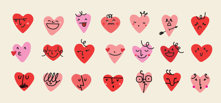 Naklejki Groovy hippie love sticker set. Heart funny cartoon character different pose. Happy valentine's day concept. Trendy retro 60s 70s style emoji. Y2K aesthetic. Vector illustration.