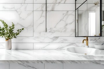 Empty white marble countertop and wall with copy space place for mounting your product and blurred background of bathroom interior and towels