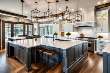 Traditional kitchen in beautiful new luxury home with hardwood floors, wood beams, and large island quartz counters. Includes farmhouse sink, elegant pendant lights, and large windows - obrazy, fototapety, plakaty