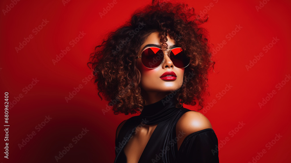 Wall mural Curly stylish elegant woman in sunglasses holds cocktail glass. Charming male in black festive suit poses on red background. Christmas, party time