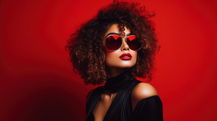 Curly stylish elegant woman in sunglasses holds cocktail glass. Charming male in black festive suit poses on red background. Christmas, party time