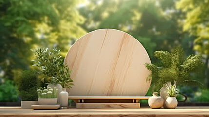 Naklejka premium 3d rendering wooden festival product exhibition stand, podium, stage, product commercial photography background, PPT background product cosmetics display