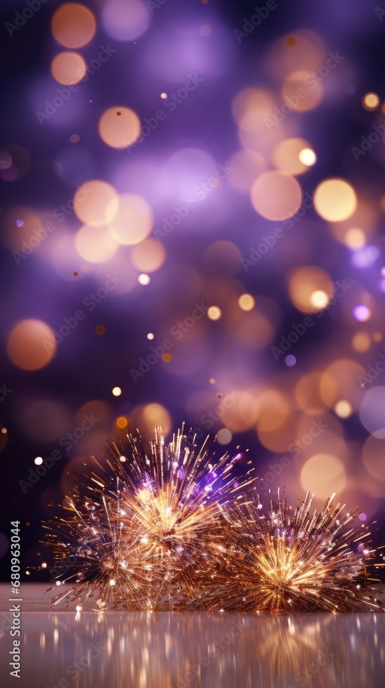 Poster verde with deep purple boomerangs and bokeh. generative ai.