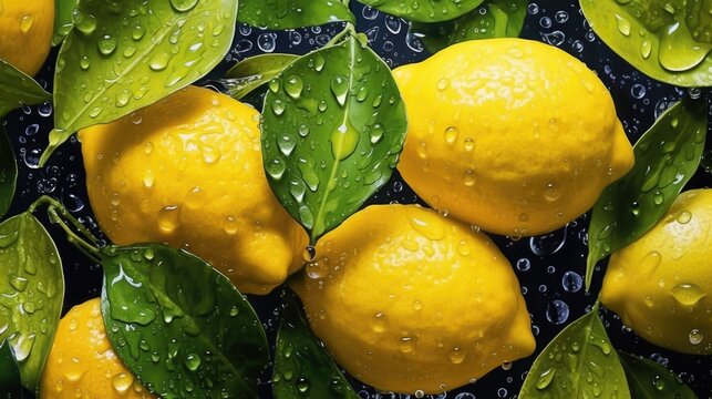 Wet fresh lemons, fruits background. Healthy food