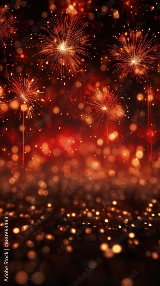 Poster fireworks and bokeh in gold and dark red. generative ai.