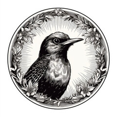 Circular frame of a beautiful bird. Engraving black and white illustration isolated on white background