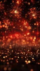 Fototapeta premium Fireworks and bokeh in gold and dark red. Generative Ai.