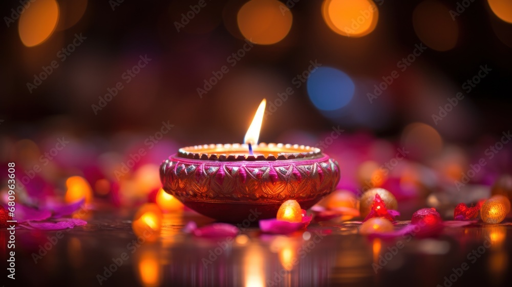 Wall mural Diwali diya candle on a table with colorful petals, AI - Wall murals