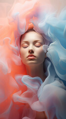 A surreal pastel portrait of a dreamy woman with her eyes closed, surrounded by a cloud of smoke and the mysterious silhouette, evoking a sense of longing and imagination.