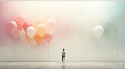 a man stands in a surreal room with balloons, the concept of lovers reuniting on Valentine's Day, Saint Valentine