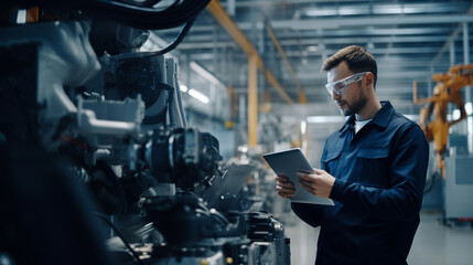 Young Caucasian Male Engineer Using a Tablet Computer, Researching and Developing a Futuristic Robotic Arm Machine in a High Tech Industrial Laboratory with Modern Equipment.
