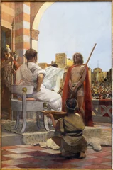  TREVISO, ITALY - NOVEMBER 8, 2023: The painting  Jesus before Pilate as part of Cross way stations in the church La Cattedrale di San Pietro Apostolo by Alessandro Pomi (1947). © Renáta Sedmáková