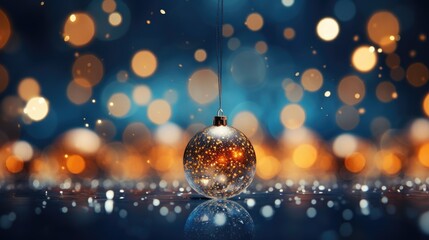 Bokeh effect of lights and blue background of Christmas baubles. Generative Ai.