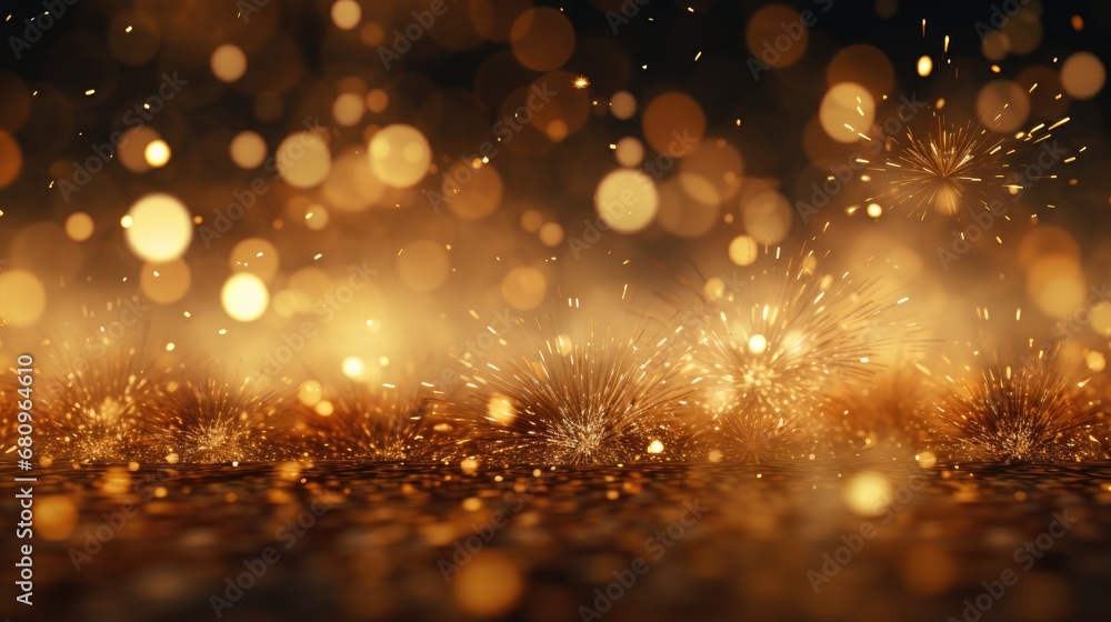 Poster fireworks and bokeh in gold and dark red. generative ai.