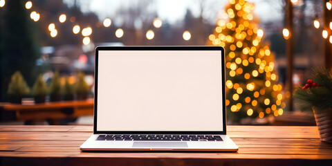 White blank screen laptop on wooden table with chirstmas tree background