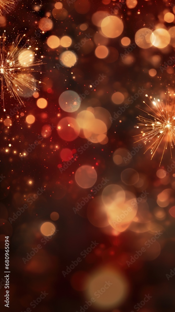 Poster fireworks and bokeh in gold and dark red. generative ai.