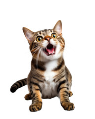 Surprised tabby cat with eyes and jaw wide open, isolated on transparent white background