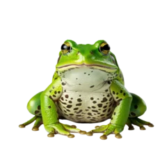 Schilderijen op glas Detailed front view of a green frog with spotted belly isolated on transparent white © Photocreo Bednarek