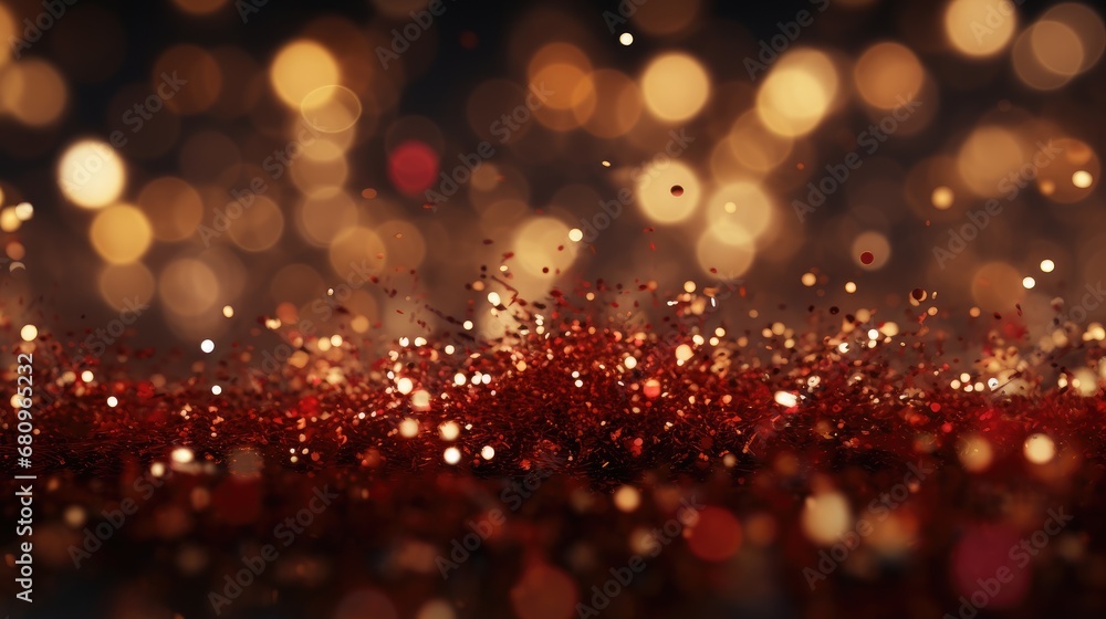 Poster fireworks and bokeh in gold and dark red. generative ai.