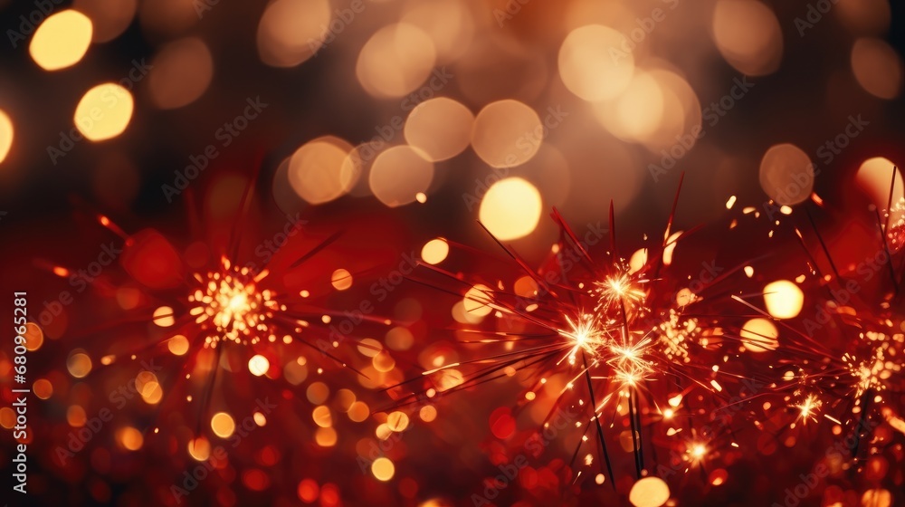 Poster fireworks and bokeh in gold and dark red. generative ai.