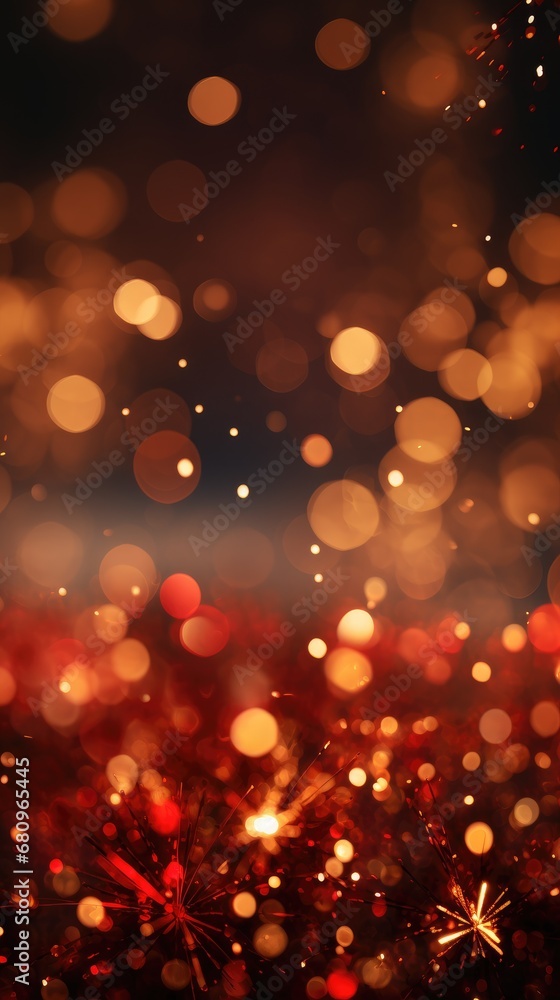 Poster fireworks and bokeh in gold and dark red. generative ai.