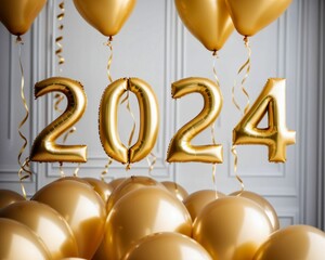 golden balloons on a party, new year 2024, banner created using AI generative technology