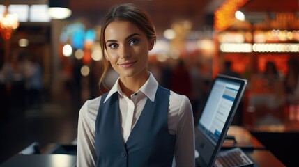 Fototapeta premium Lovely saleswoman with a big smile. Generative Ai.
