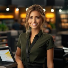 Lovely saleswoman with a big smile. Generative Ai.
