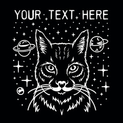 Cat and celestial galaxy elements. Spiritual girl and mystical occult cat lover concept. Enlightened, mystic and witchy kitten portrait drawing. Vector with text space for logo and t-shirt design.